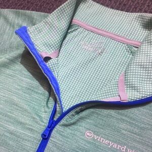 Vineyard Vines Green Heather Quarter-Zip Sweater with Blue and Pink Trim